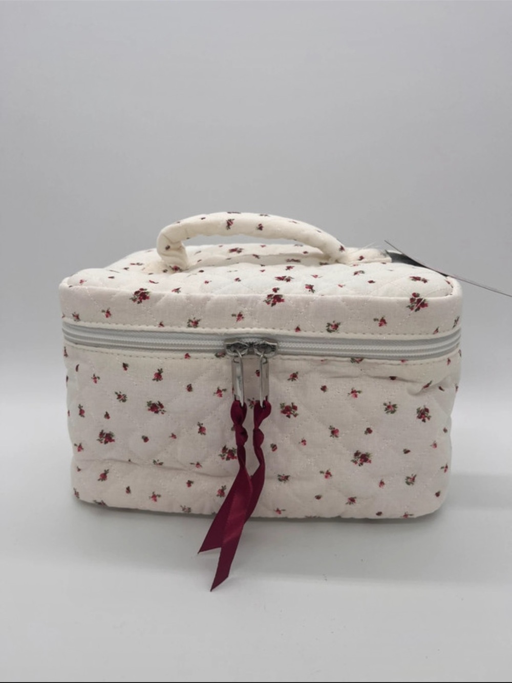 Quilted Floral Cosmetic Case - Cream with Red Accents